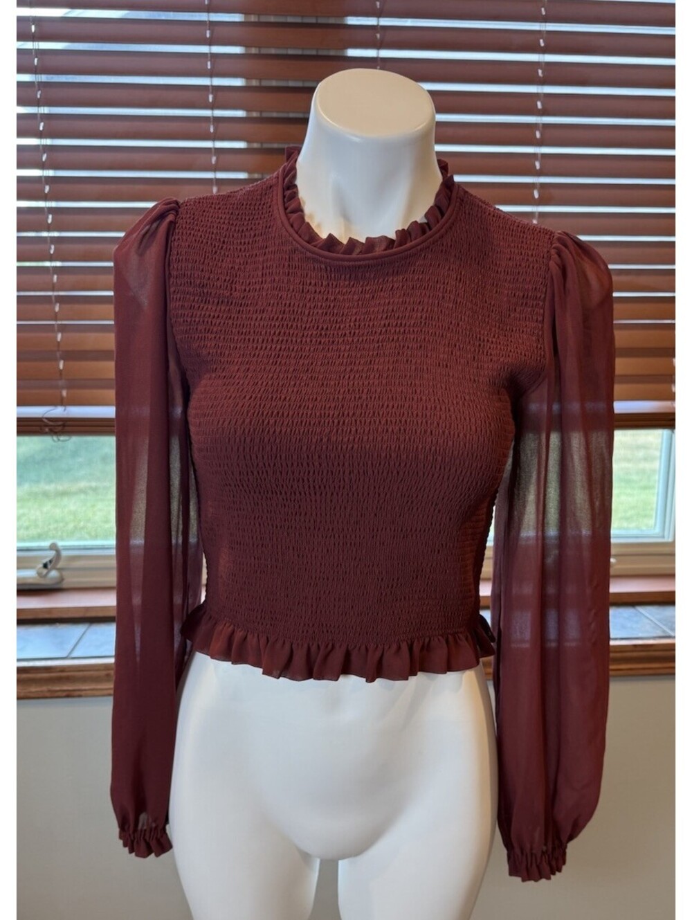 WILFRED ARITZIA Tempest Smocked Chiffon Blouse in Maroon Size M